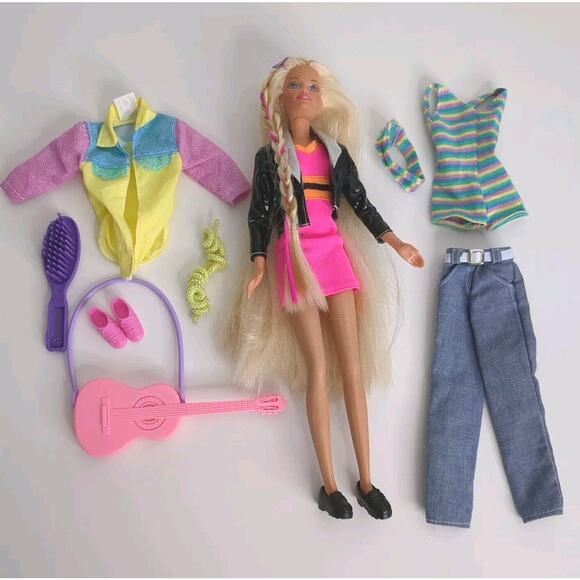 BARBIE Rockstar 1995 with Guitar and Extra Clothes Long Braided Hair RARE HTF - Picture 1 of 16